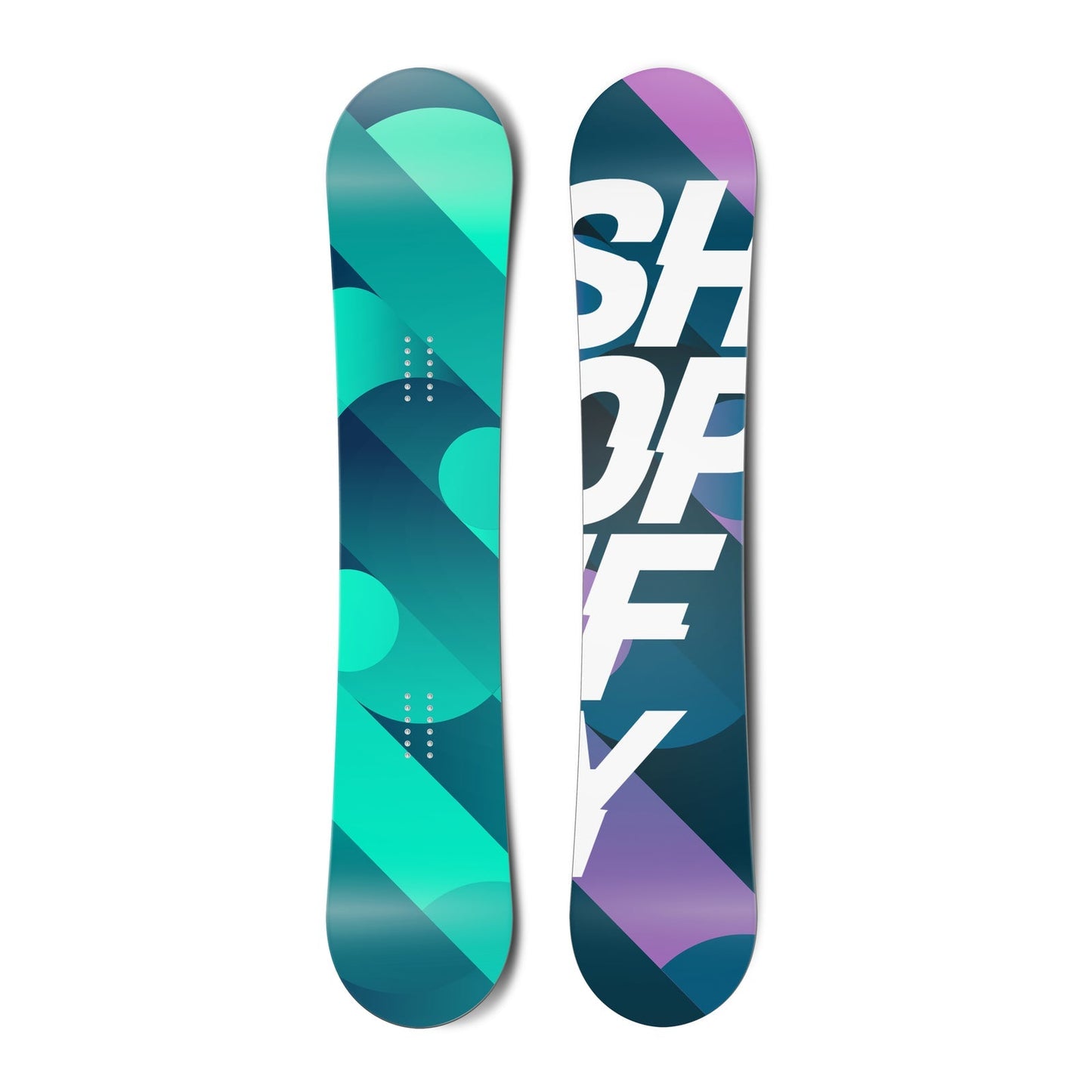 Top and bottom view of a snowboard. The top view shows abstract circles and lines in shades of
teal. The bottom view shows abstract circles and lines in shades of purple and blue with the text โSHOPIFYโ
in a sans serif typeface on top.